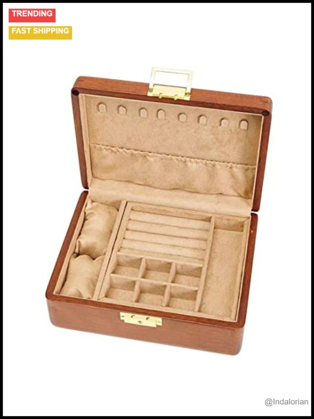 Solid Wooden 2-Layer Jewelry Box with Lock and Key Velvet Lined Organizer